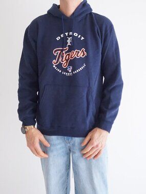 Detroit Tigers Navy MLB Baseball Logo Graphic Hooded Sweatshirt Kangaroo Medium